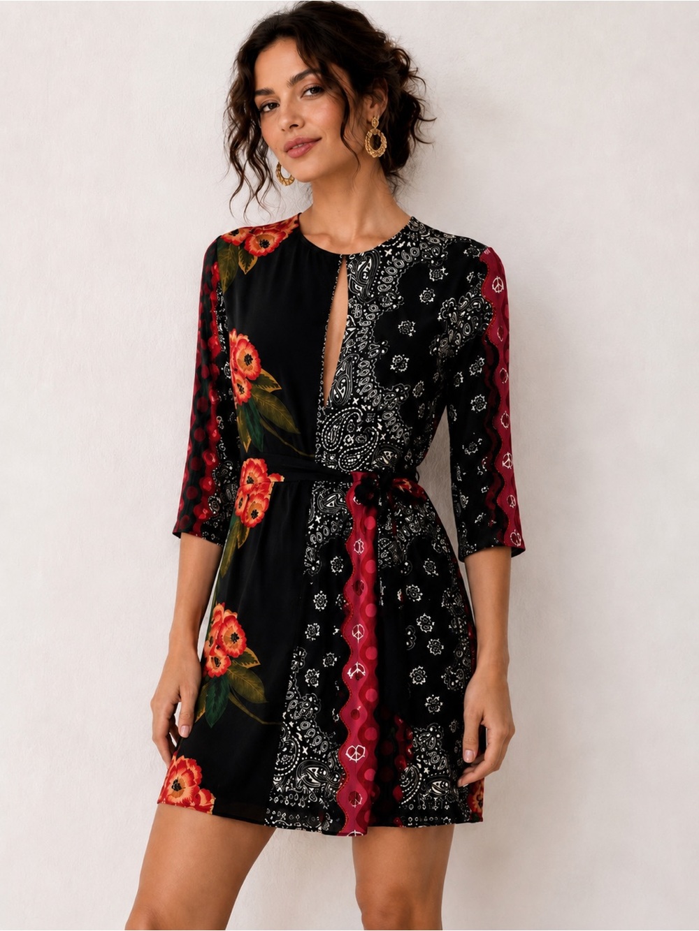 Desigual Black & Red Floral Patchwork Mini Dress